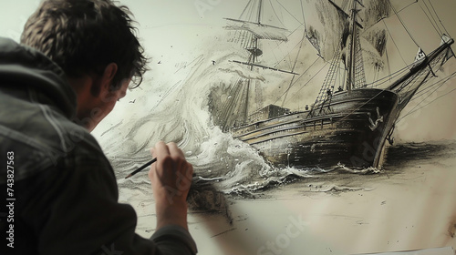 Artist sketching sinking ship of loss. photo