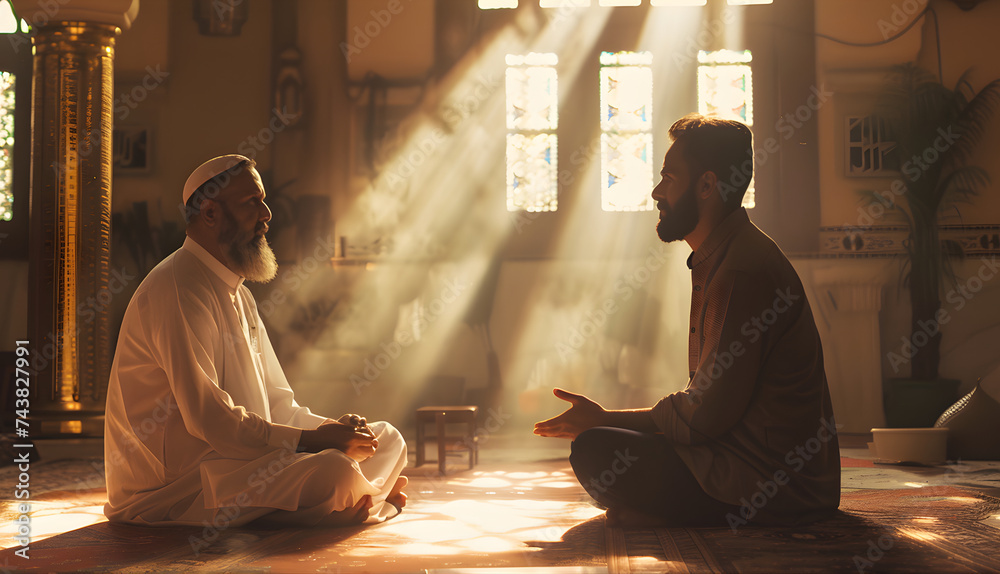 Muslim priest and bearded Muslim man praying in a mosque. Arab worship space with sun rays coming through the window Muslim priest and bearded Muslim man praying in a mosque. Arab worship space with sun rays coming through the window
