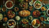 Overhead view of a banquet to celebrate Ramadan with food on the table. Plates full of food on a table with green tablecloth. Religious concept