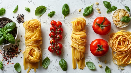 A set of pasta with tomatoes in different angles is isolated on a white background.