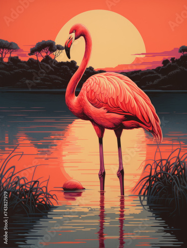 Pink flamingo in the sunset