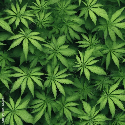 Lush green cannabis plants with wide leaves, foliage pattern.