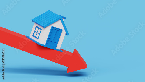 Housing market is falling. Housing Crisis, Low prices. Home Finances, Recession. Concept of decreasing or slumping home prices and value or a real estate bust. 3D house on downward arrow