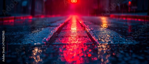 Neon light reflecting on wet asphalt at night. Rays of light and red laser light. Night scene of a street, city. Abstract dark blue background. photo