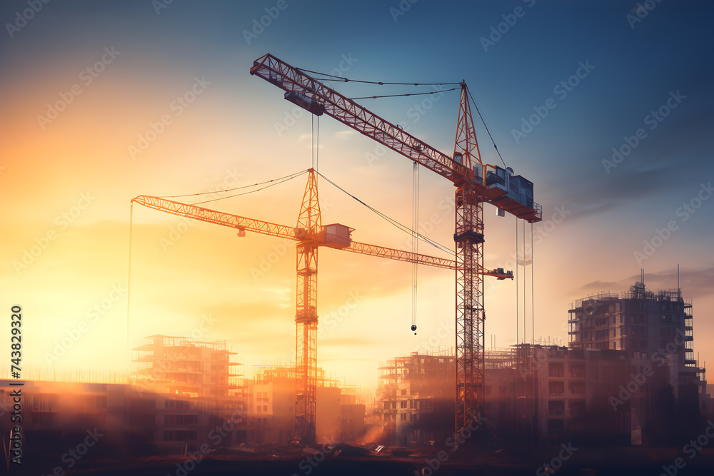 Construction concept - construction site with cranes