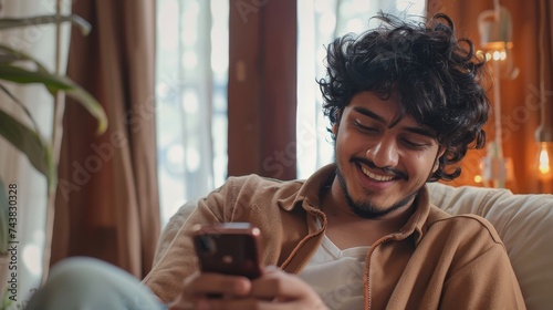 A happy curly young Indian man chats with girlfriend at home from a comfortable armchair, using a modern mobile phone to check social media and use a mobile app. There is copy space on the panorama.