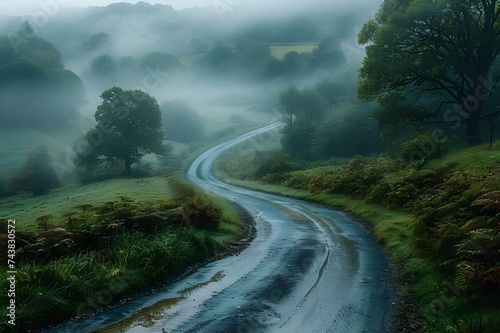 mountain road in the mountains, Curved dirt road in the countryside and green fields in the rainy and stormy season