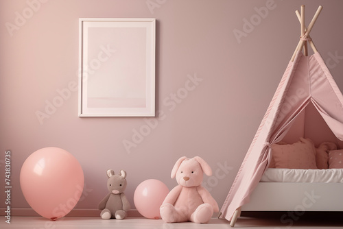 Nursery interior. Bed, toys, photo frame backdrop. Girls pink bedroom. Children's Playroom.