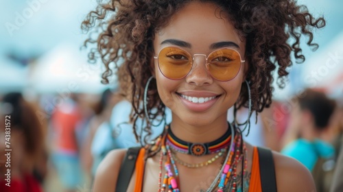 In a music festival, an African American girl texting with her friends is using a smartphone.