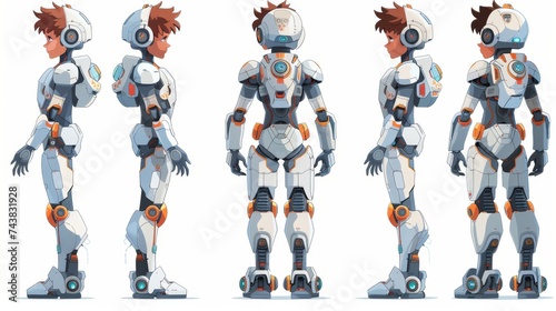 An animated robot character set with different viewpoints, hairstyles, emotions, poses, and gestures. A character of artificial intelligence and a cyborg. Isolated illustration in cartoon