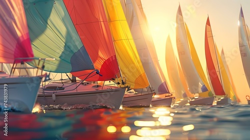 Colorful sailboats racing at sunset - a vibrant seafaring challenge