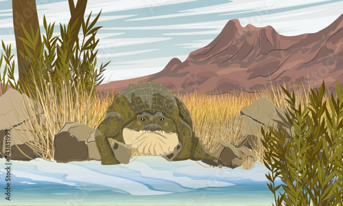 Nile crocodile enters the water. Pond at the foot of the mountains. Realistic vector landscape