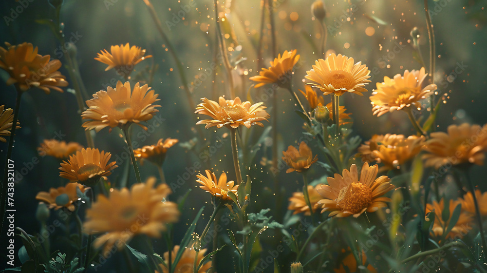 Calendula thriving in a healing garden, using cinematic framing to evoke a tranquil and therapeutic atmosphere. - obrazy, fototapety, plakaty 