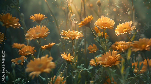 Calendula thriving in a healing garden, using cinematic framing to evoke a tranquil and therapeutic atmosphere.