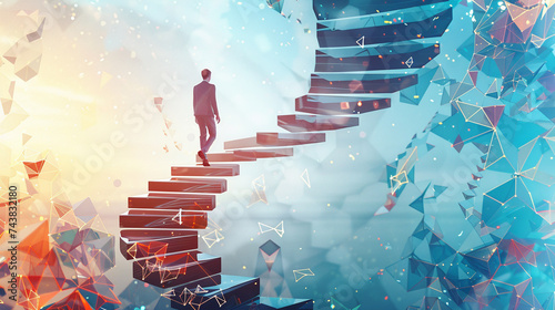 A 3D animation of a businessman climbing a spiral staircase against a backdrop of floating geometric shapes and patterns photo