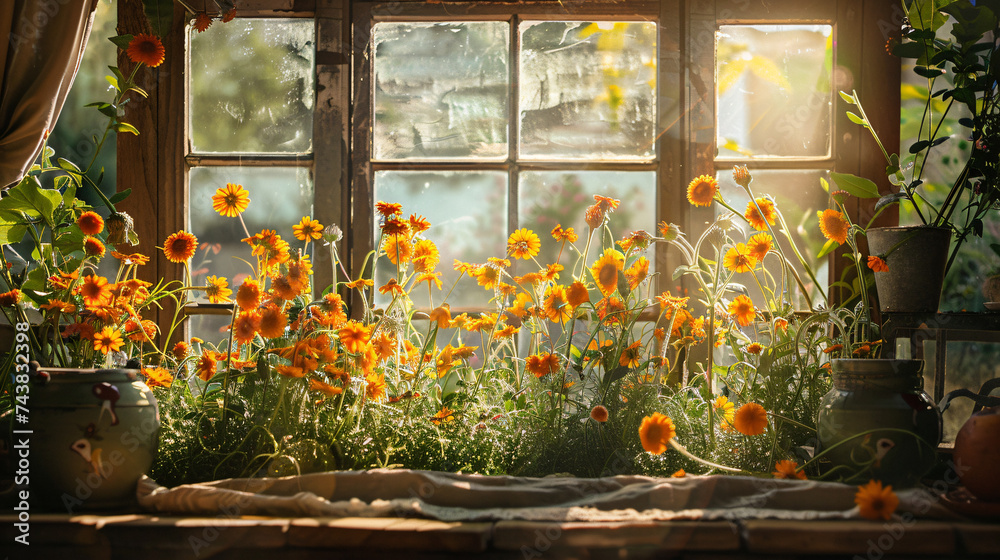 Calendula enhancing the serenity of a cottage garden, employing cinematic framing to create a peaceful and inviting atmosphere.
