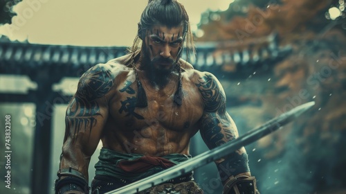 Majestic Muscular Samurai Warrior Poses with Strength and Honor