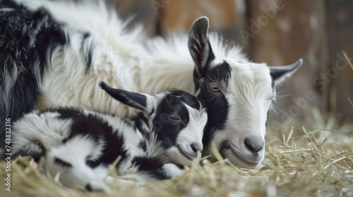 Mother goat with little baby. Farm animals.