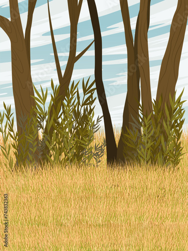Pasture, trees and shrubs, dry grass and stones. Realistic vector vertical landscape