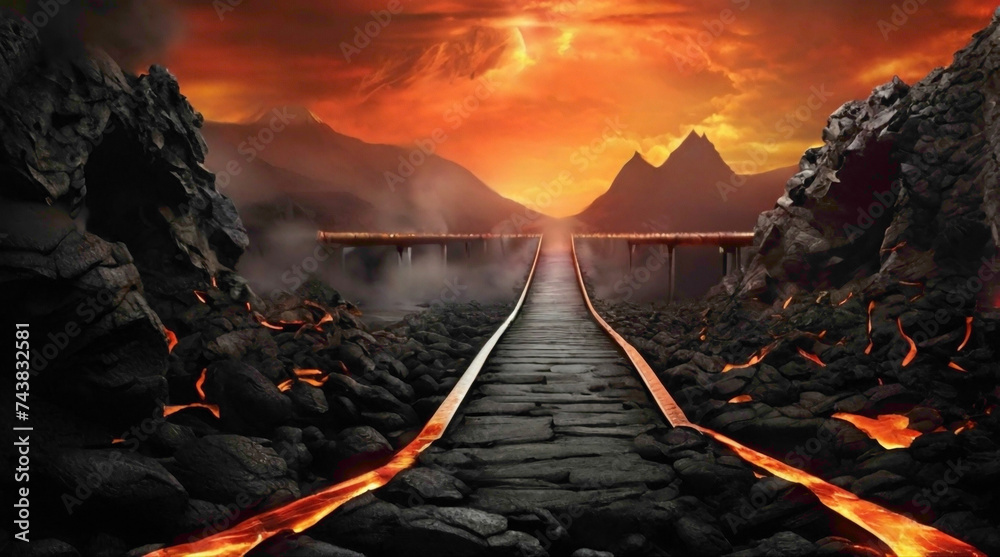 lava mountain lava blowing with fire under the bridges with abstract ...