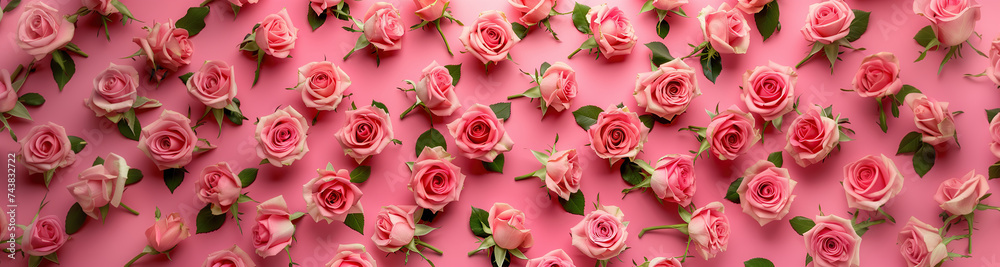 Roses on pink. Valentine day. Wide background. 