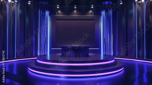 Modern TV Game Show Background with Space for Text, Neon Light Illuminated Stage.  photo