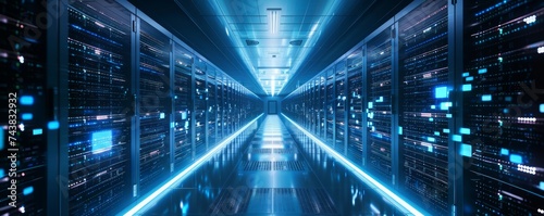 Modern Data Center with Rows of Illuminated Server Racks in a Dark Room