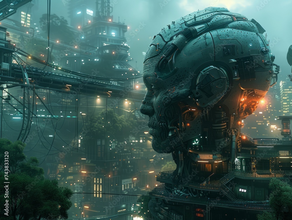 Futuristic Cyberpunk Cityscape with Giant Robot Head at Night