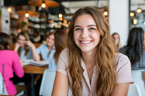 Smiling woman sitting at table in restaurant