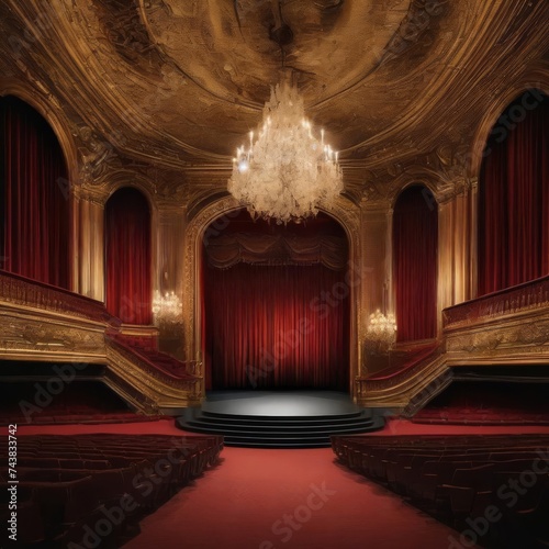Empty theater stage  velvet curtains  ornate gold details and chandelier with light bulbs