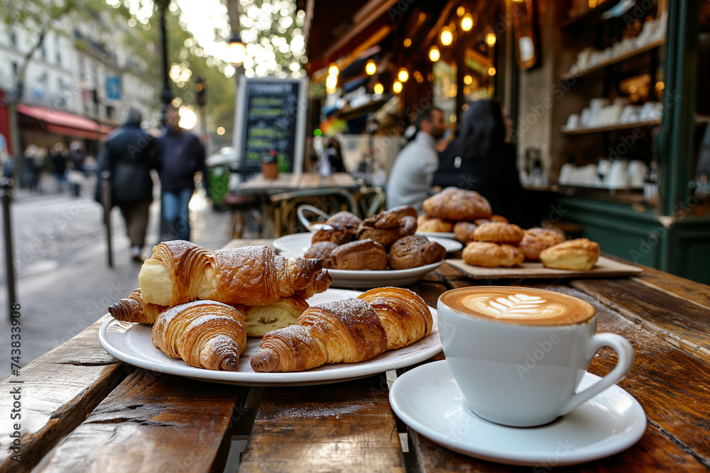 French Cafe Ambiance with Fresh Croissants and Coffee on Table