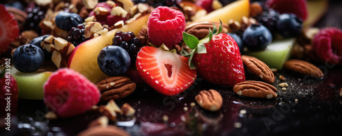 Close up photo of mix of fresh fruit and nuts  healthy food concept