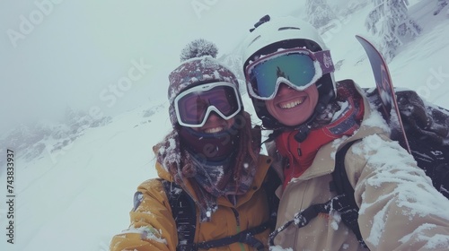 Selfie of smiling snowboarders or skiers couple in equipment on snowy mountain resort. Winter traveling, vacation.Generative