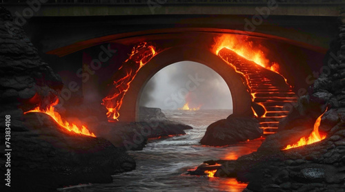 lava mountain lava blowing with fire under the bridges with abstract lovely fire background with water mountain thrusting lava with smoke and heavy clouds in the sir 