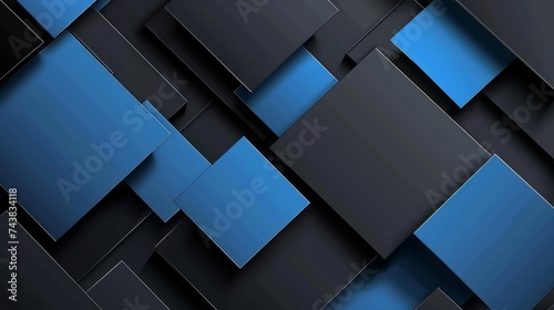 Abstract 3D Geometric Background with Intersecting Blue and Black Rectangular Shapes Creating a Dynamic Visual Effect