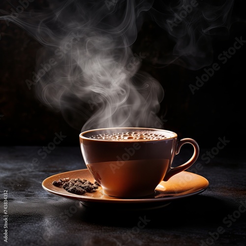 A cup of coffee or tea with steam on a dark background