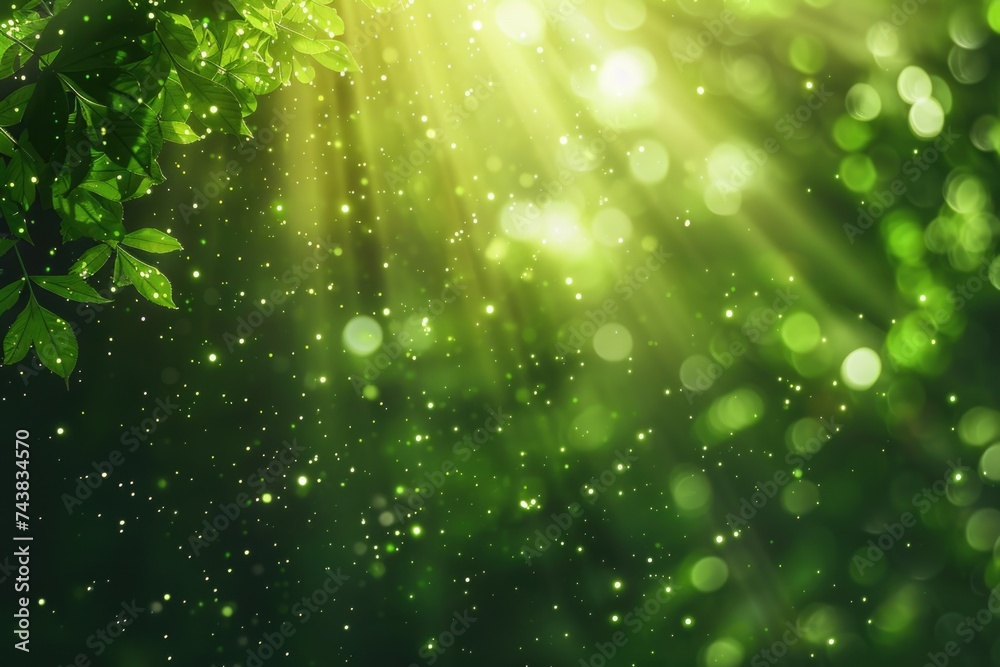 Abstract background of bright green lights in the forest  eco and magical concept
