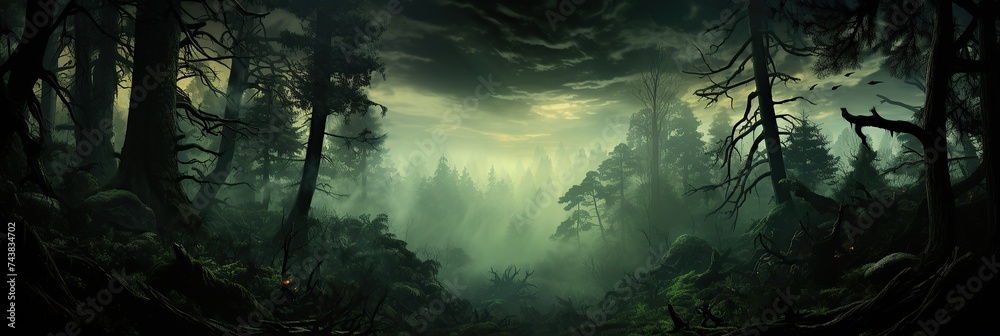 A dense forest abounds with tall, green trees, their leaves rustling in the gentle breeze under the clear blue sky A dense forest abounds with tall, green trees, their leaves rustling in the gentle breeze under the clear blue sky