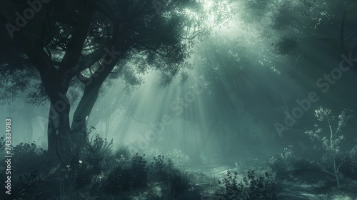 Ethereal forest scene with fog and mystical light filtering through trees