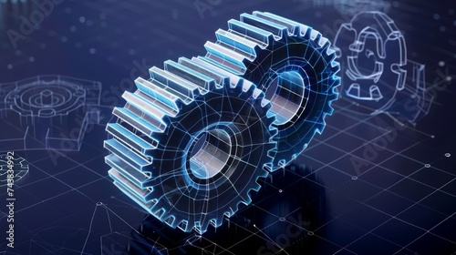 Wireframe illustration of a gear on a dark blue background. Mechanical technology machine engineering symbol. Project development, engine work, business plan illustration.