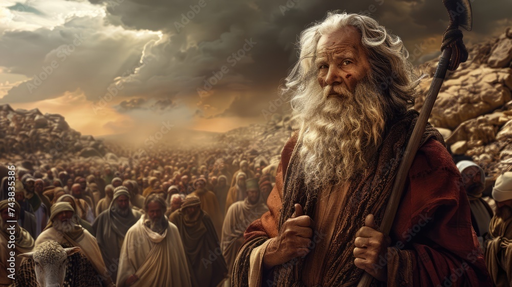 Moses leads jews through desert, biblical journey to promised land in sinai. religious historical escape narrated in bible, showcasing moses leadership and divine intervention in israelite exodus. - obrazy, fototapety, plakaty 