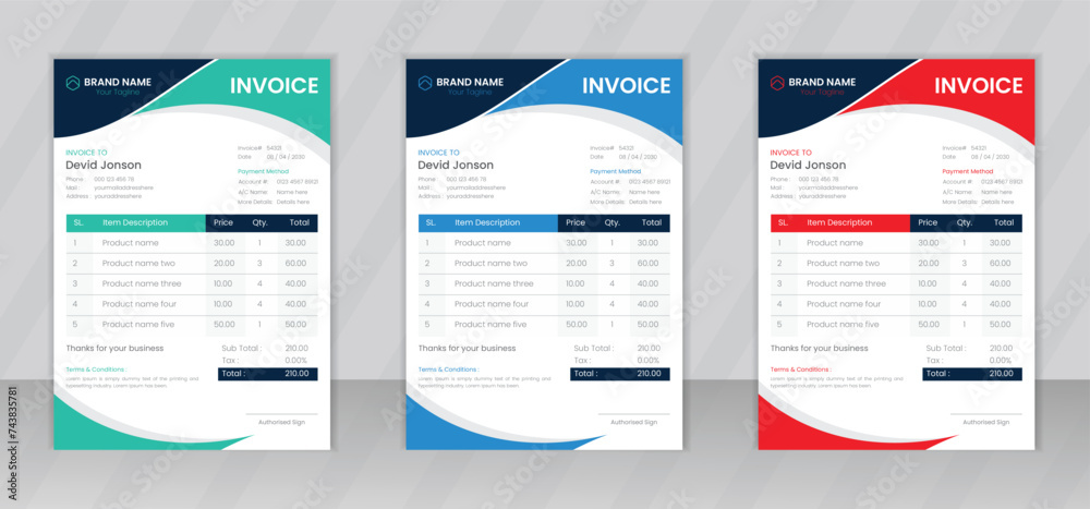 Business invoice form template design, Invoicing quotes, money bills or price invoices and payment agreement templates, Tax form, bill graphic or payment receipt page vector set