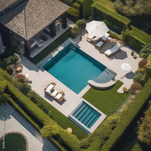 Aerial view of a luxurious backyard with a pristine pool, neatly arranged lounge chairs, manicured lawn and modern architecture on a sunny day.
