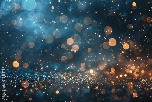 Abstract blue and golden bokeh glittering background.