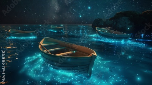 Dreamy seascape with floating boats and bioluminescent waves.