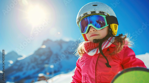 Young girl wearing helmet and goggles standing in snow