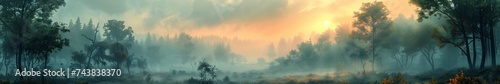 Panorama view of morning hazy forest. Scenic landscape of wild trees and grass inside realistic white mist clouds. 