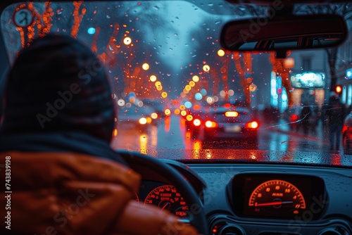 A solitary figure braves the stormy night, their hands steady on the control panel as the car glides through the wet streets, the windshield wipers battling against the downpour