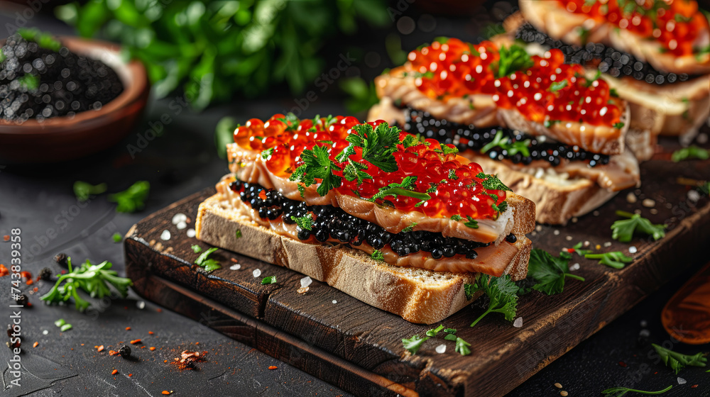 Sandwich with red and black caviar on a wooden kitchen board - obrazy, fototapety, plakaty 