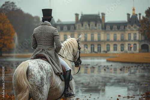 A rugged man on horseback guides his majestic stallion and gentle mare through the open fields, their reins and horse tack gleaming in the sunlight, towards a rustic building housing essential horse 